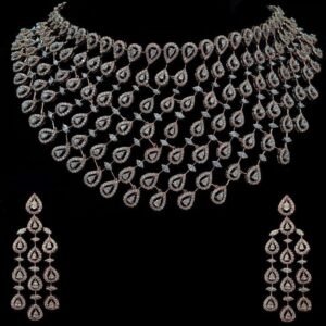 Luxury diamond waterfall necklace and earrings set with cascading teardrop design, perfect for weddings and special occasions.